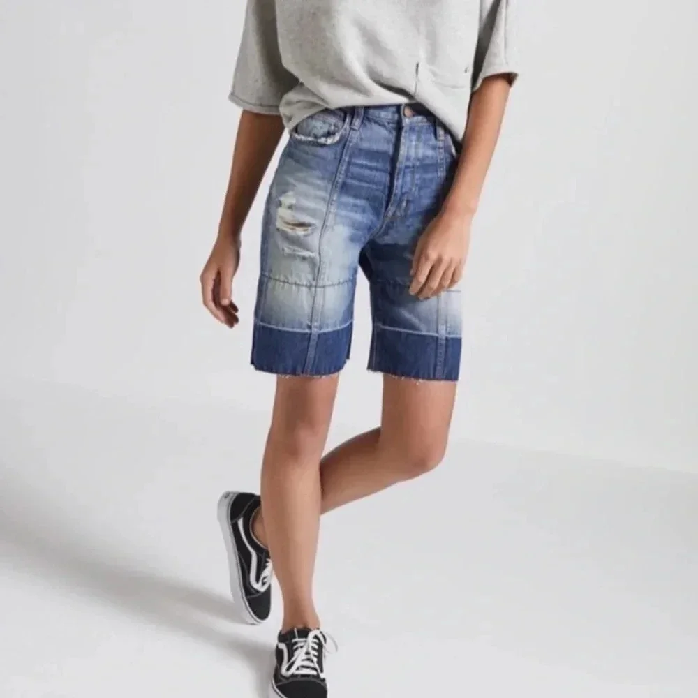 Current Elliot Shorts Seamed Zephyr Wide Hem Size 25 Distressed Long Line Jorts